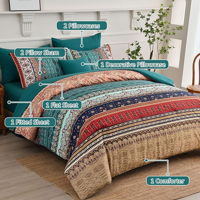 Boho King Size Comforter Set 8 Pieces,Green and Brown Bohemian Striped Bed in a Bag,Floral Soft Microfiber Bedding Comforter Set