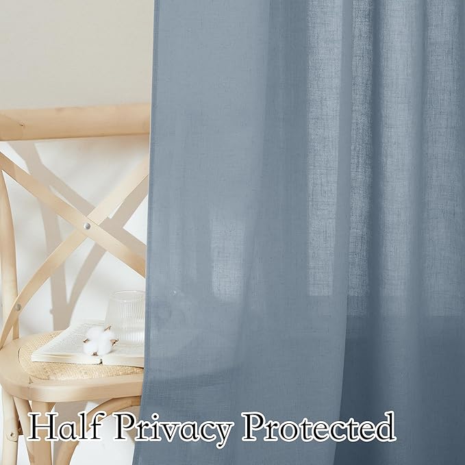 RYB HOME Flax Linen Curtains for Bedroom Bathroom Kids Room, Semi Sheer Light Filtering Privacy Assured Elegant Vertical Texture Modern Window Drapes, W 60 x L 95 inches, Dusty Blue, 1 Panel