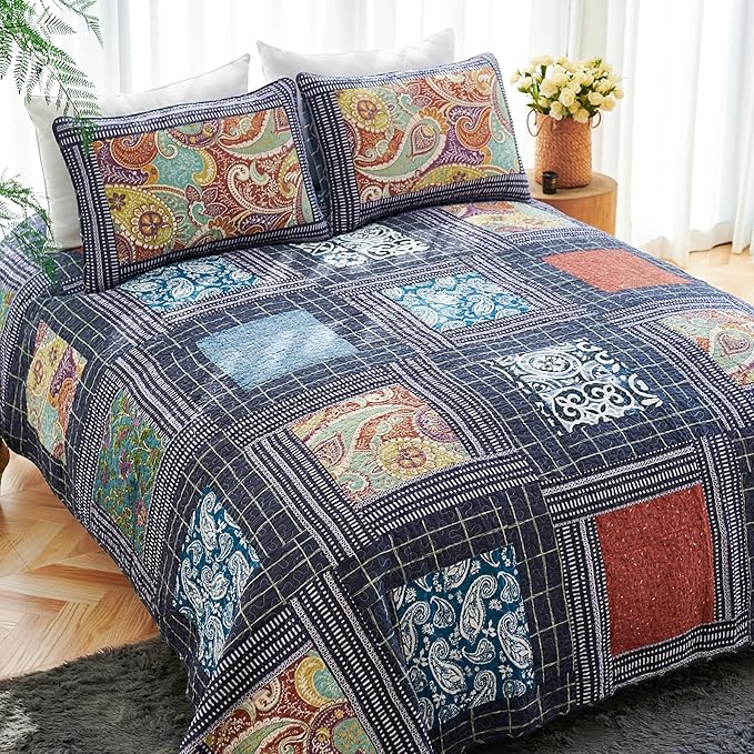 Secgo King Size Comforter Set- 100% Cotton Quilt King Size Set, Black bedspreads (96 * 108 Inch) with 2 Pillow Shams, Patchwork Reversible Lightweight Bedding