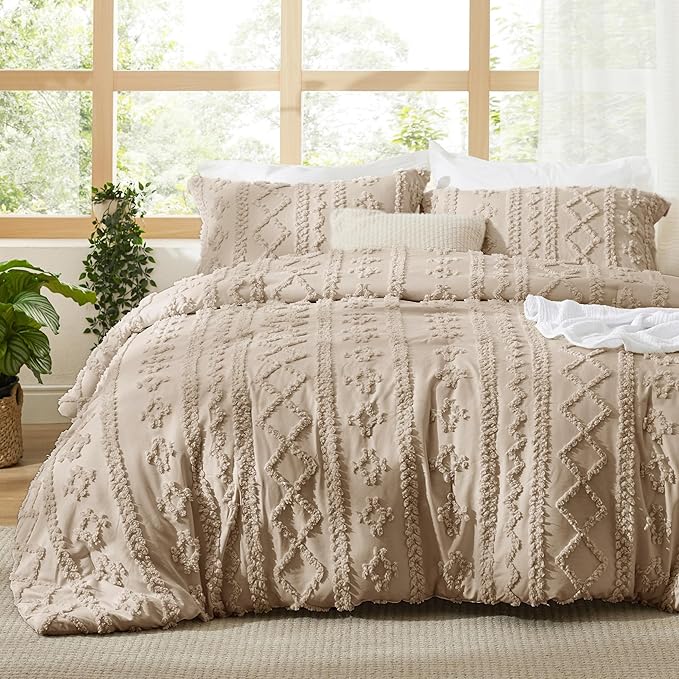 Bedsure Tufted Boho Comforter Set Oversized King - Khaki Boho Bed Set, GentleSoft™ 3 Pieces Farmhouse Shabby Chic Embroidery Bedding, Gifts for Woman, Soft Jacquard Comforter for All Seasons