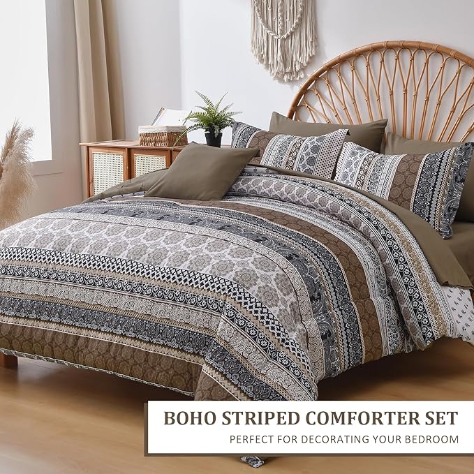 Cottolester Brown Comforter Set King Size,Boho Fall Bed in a Bag 8 Pieces,Paisley Soft Microfiber Bedding Comforter Set