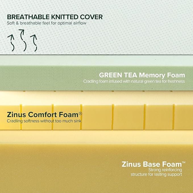 ZINUS 12 Inch Green Tea Memory Foam Mattress, King, Fiberglass Free, Patented Custom Contour Support, Sturdy Base Foam, CertiPUR-US Certified, Mattress in A Box, White
