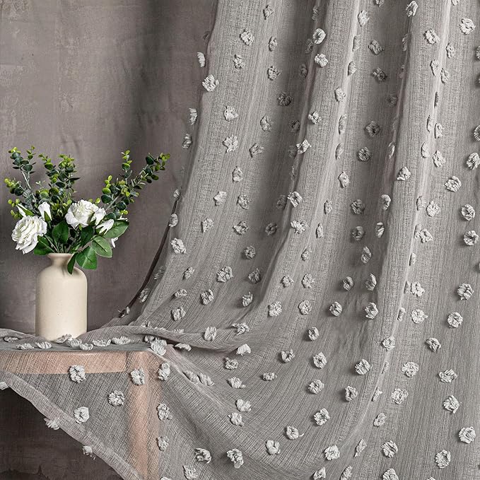 MYSKY HOME Pom Pom Grey Sheer Curtains for Bedroom Girls Room Curtains 84 Inches Long for Nursery Kids Light Filtering Boho Window Drapes, Rod Pocket, 52" Wide, 2 Panels