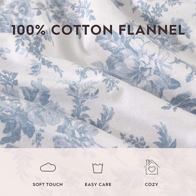 Laura Ashley - Flannel Sheets King Size, Anti-Pilling & Wrinkle Resistant Cotton, Touchably Soft for All-Season Comfort - Bed Sheets with Matching Pillowcases & Fitted Sheet (Vanessa Blue)