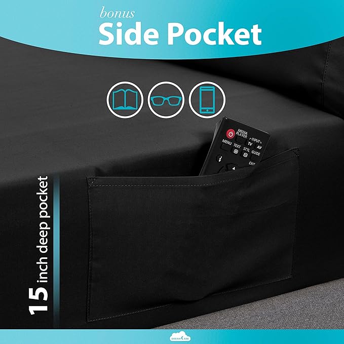 DREAMCARE California King Sheet Sets – 6 pcs Cooling Bed Sheets – up to 15” Deep Cal King Sheets – 2500 Supreme Collection – Extra Soft 100% Brushed Microfiber Hotel Luxury with Side Pocket – Black