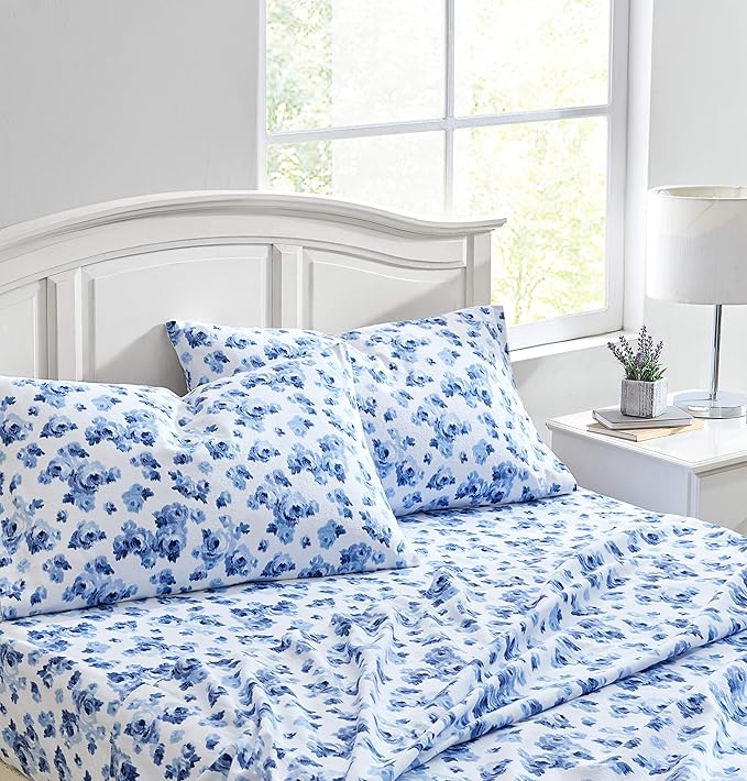Laura Ashley - Flannel Sheets Queen Size, Anti-Pilling & Wrinkle Resistant Cotton, Touchably Soft for All-Season Comfort - Bed Sheets with Matching Pillowcases & Fitted Sheet (Emelisa Blue)