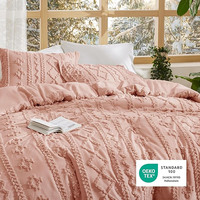 Bedsure Tufted Boho Comforter Set Twin Size - Pink Boho Bed Set, GentleSoft™ 2 Pieces Farmhouse Shabby Chic Embroidery Bedding, Gifts for Woman, Soft Jacquard Twin Comforter for All Seasons