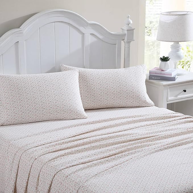 Laura Ashley - Flannel Sheets Full Size, Anti-Pilling & Wrinkle Resistant Cotton, Touchably Soft for All-Season Comfort - Bed Sheets with Matching Pillowcase & Fitted Sheet (Evie Pink)