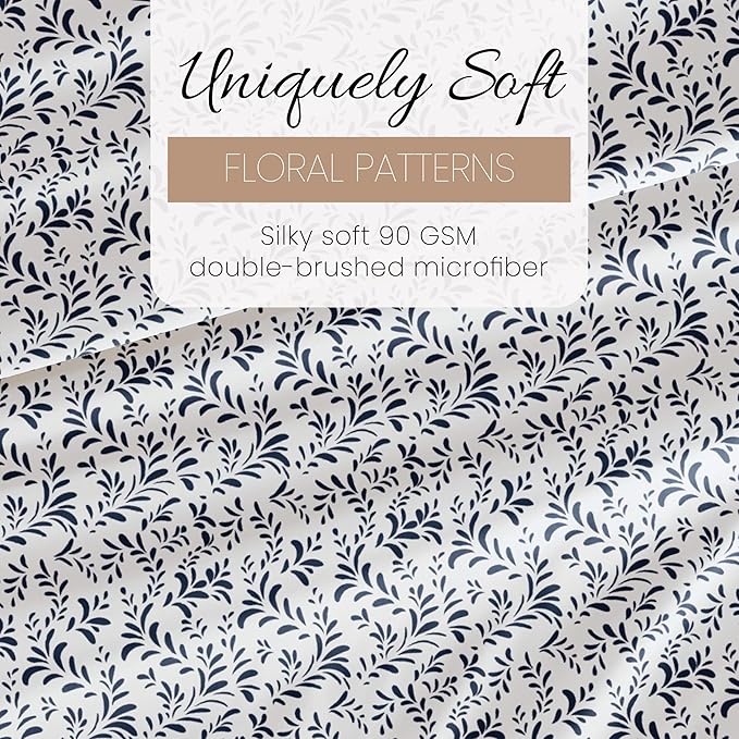 Linen Market Double-Brushed Patterned Microfiber Queen Sheet Set 4 Piece – Oeko-TEX Certified Ultra Soft & Wrinkle-Free - 16" Deep Pocket Sheets - Easy Care Queen Size - Burst of Vines Navy