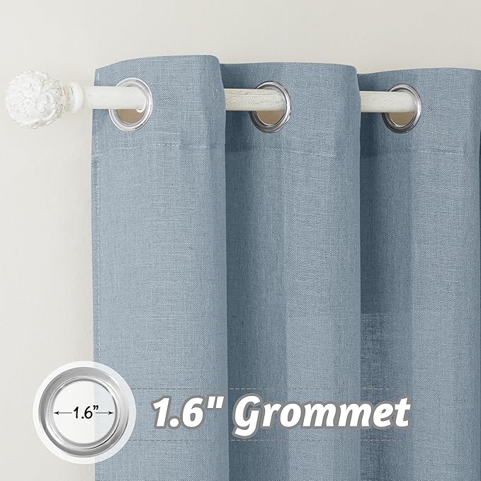 RYB HOME Boho Linen Curtains 90 inches Long, Light Filtering Vertical Texture for Living Room Glass Door Nursery Dining Room, Privacy Assured Natural Fabric Drapes, Dusty Blue, W 60 x L 90, 1 Pc