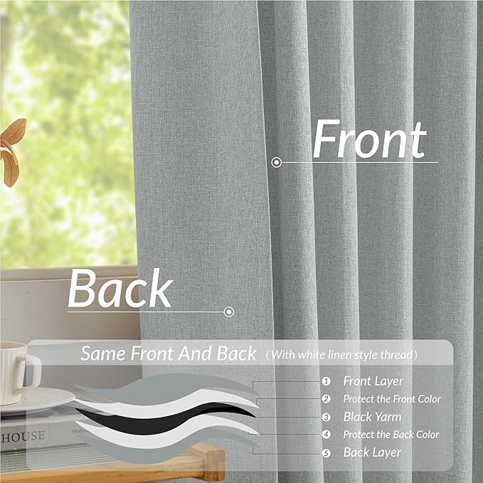 KangBang 100% Blackout Pinch Pleated Curtains 108 Inches Long, Linen Blend Pinch Pleated Window Drapes with Hooks, Track System Curtain Panels for Sliding Door Modern Farmhouse,60x108, Fog Grey,2 PCs