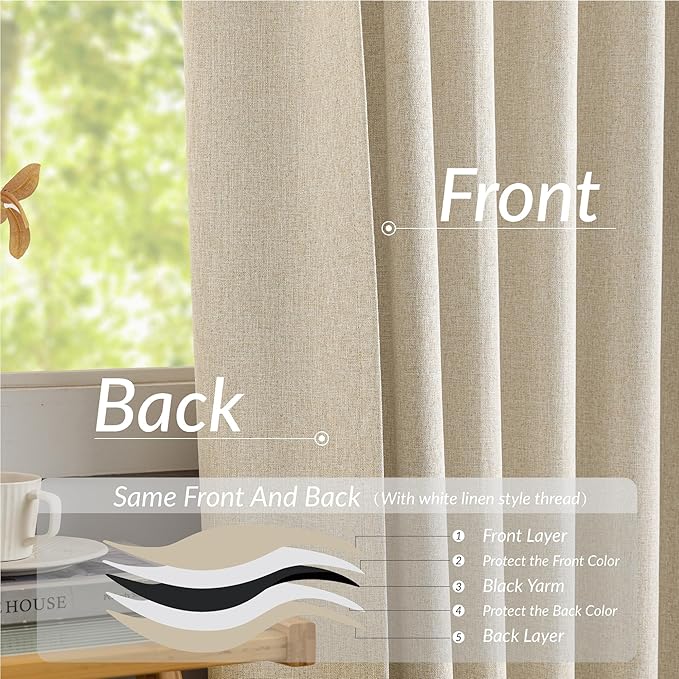 KangBang 95 Inch Beige Blackout Curtains Pinch Pleated Drapes for Living Room, Energy Efficient Linen Textured Window Panels for Bedroom Dorm, Soft & Vertical Home Decor, Natural Beige,52x95
