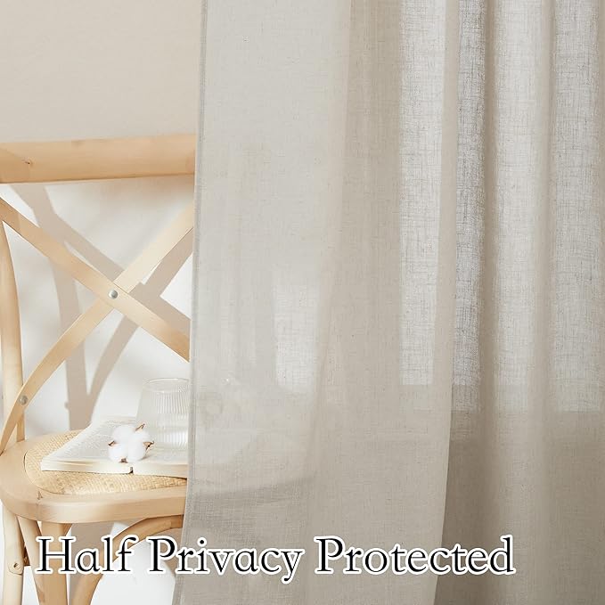RYB HOME Linen Curtains for Bedroom - Light Airy Semi Sheer Curtains Large Window Decor for Living Room Sun Room Sliding Glass Door, Angora, 52 inch Wide x 84 inch Long, 1 Pair