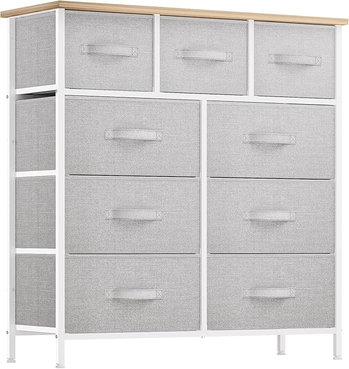 YITAHOME Dresser with 9 Drawers - Fabric Storage Tower, Organizer Unit for Room, Living Room, Hallway, Closets - Sturdy Steel Frame, Wooden Top & Easy Pull Fabric Bins (Light Gray)