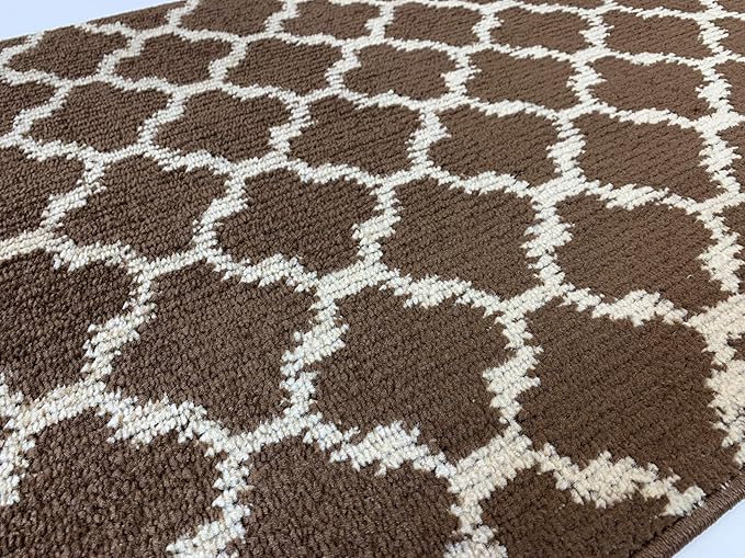 Custom Size Cut to Length Moroccan Trellis Design Runner Rug Mat For Wide Long Hallways with Non-Slip Rubber Backing, Better Traction for Pets, Prevent Slippage, Trellis Brown, 31 inch X 19 feet