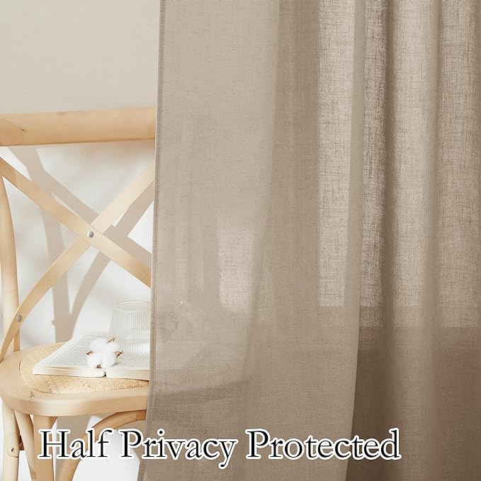 RYB HOME Linen Sheer Curtains for Small Window, Back Tab Breathable Absorbent Curtains & Drapes, Light Filter Half Privacy Protect for Study Room Office, Length 63 by Width 52 inch, 2 Panels, Khaki