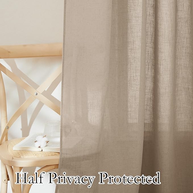 RYB HOME Sheer Linen Curtains 90 inches Long, Rod Pocket Easy Sliding Linen Blend Elegant Light Filtering Privacy Protected Panels for Living Room, Khaki, 52" W, 2 Panels