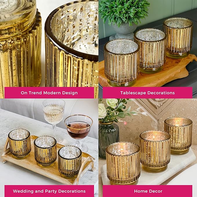 Kate Aspen Vintage Fluted Gold Glass Votive Candle Holders and Tea Lights Candles - Gold Candle Holders Set of 6 for Boho Home Decor, Kitchen Shelf and Bookshelf Decor, Rustic Table Decorations