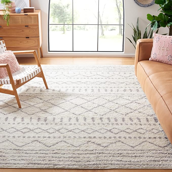 SAFAVIEH Arizona Shag Collection Area Rug - 8' Square, Ivory & Grey, Moroccan Design, Non-Shedding, 1.6-inch Thick, Ideal for High Traffic Areas in Living Room, Bedroom (ASG741F-8SQ)