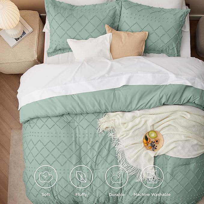 Bedsure Twin Comforter Set - Sage Green Comforter, Boho Tufted Shabby Chic Bedding for Kids, 2 Pieces Vintage Farmhouse Bed Set for All Seasons, Fluffy Soft Bedding with 1 Pillow Sham
