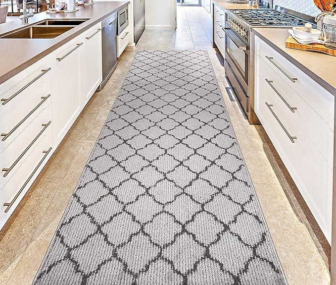 Custom Size Modern Runner Rug Carpet for Hallway Entryway Foyer Kitchen, Slip Resistant Latex Rubber Backed 31 inch Wide X Customized Length, Trellis Grey, 31 inch X 25 feet