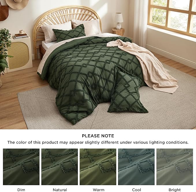 Bedsure Boho Comforter Set King - Olive Green Tufted King Size Comforter, 3 Pieces Farmhouse Shabby Chic Embroidery Bed Set, Soft Fluffy Geometric Pattern Bedding for All Seasons