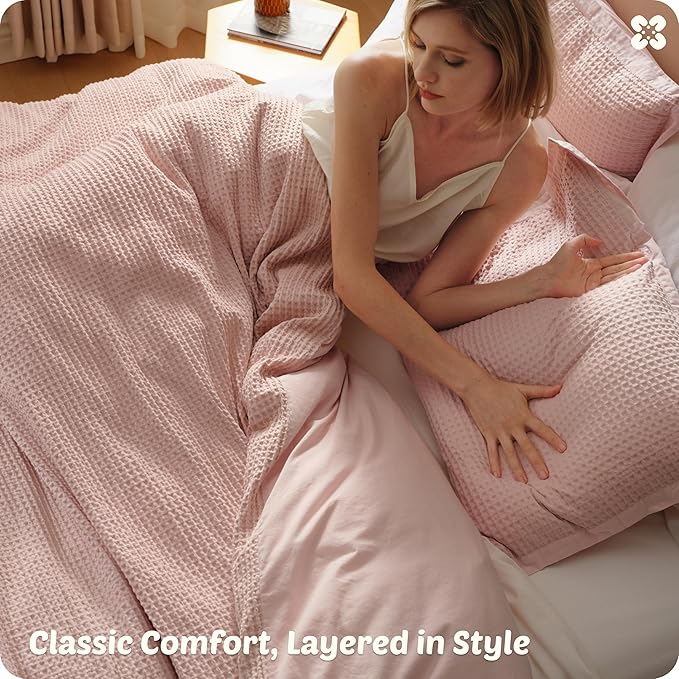 Bedsure Cotton Duvet Cover King - 100% Cotton Waffle Weave Pink Duvet Cover King Size, GentleSoft™ and Breathable Bedding Set for All Season, 3 Pieces, 104"x90"