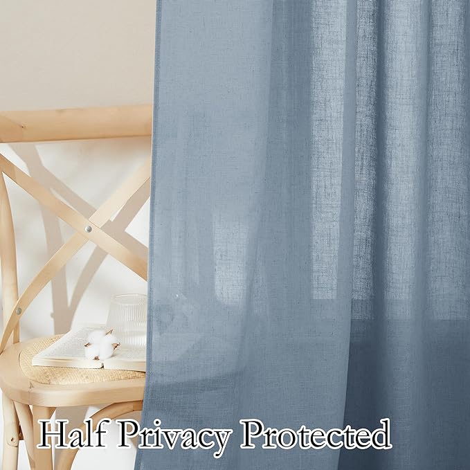 RYB HOME Linen Sheer Curtains 63 inch Length for Dining Room Doorway, Rod Pocket Soft Textured Thick Linen Burlap Privacy Protection Light Filtering 2 Panels Set, W 52 x L 63 inches, Dusty Blue