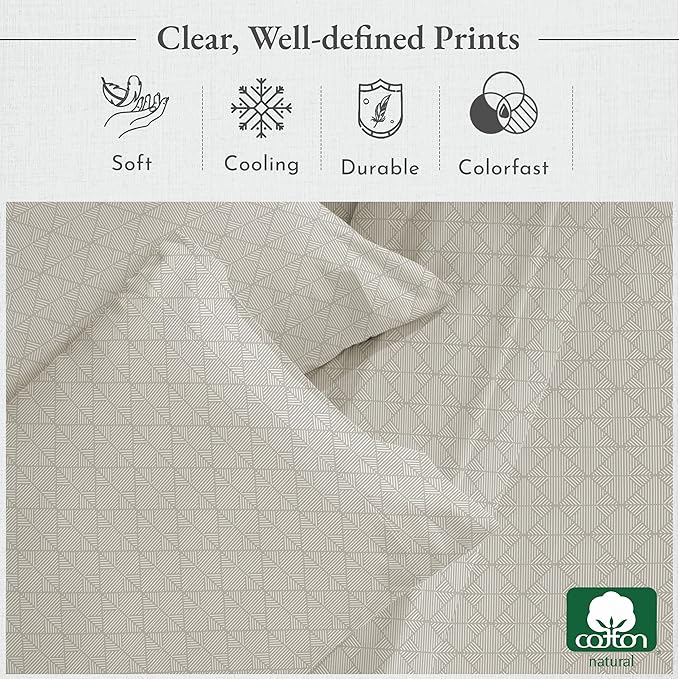 California Design Den Printed King Size Sheets Set - Luxury 400 Thread Count Sateen, Natural 100% Cotton Sheets, Deep Pockets, Cooling and Durable Bedding Set - Taupish-Sage Crosshatch