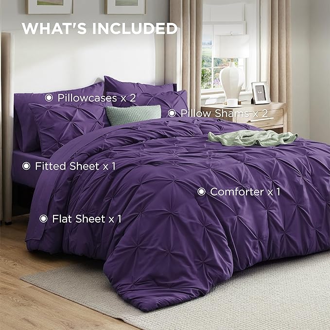 Bedsure Full Comforter Set Purple - Bed in a Bag Full Size Bedding Set 7 Pieces, GentleSoft™ Pintuck Bed Set Gift for Family, Pinch Pleat All Season Comforter with Sheets, Pillowcases & Shams