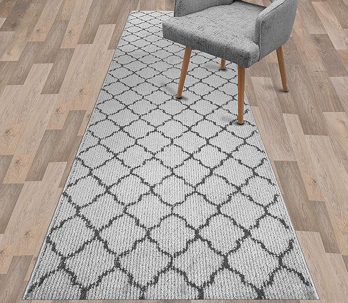 Custom Size Modern Runner Rug Carpet for Hallway Entryway Foyer Kitchen, Slip Resistant Latex Rubber Backed 31 inch Wide X Customized Length, Trellis Grey, 31 inch X 23 feet