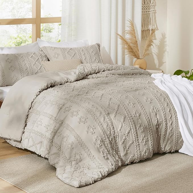 Bedsure Tufted Boho Comforter Set Twin Size - Linen Boho Bed Set, GentleSoft™ 2 Pieces Farmhouse Shabby Chic Embroidery Bedding, Gifts for Woman, Soft Jacquard Twin Comforter for All Seasons