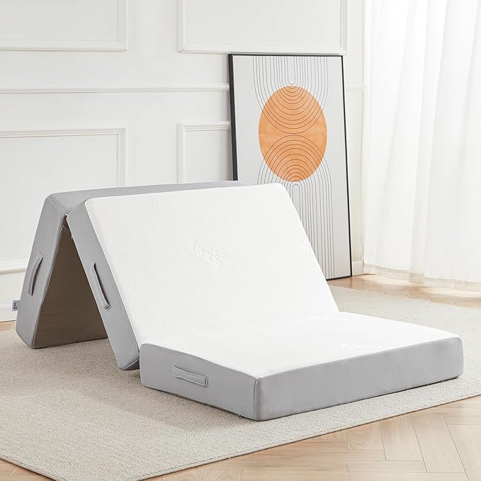 Folding Mattress, 6 Inch Memory Foam Tri-fold Mattress with Breathable & Washable Bamboo Fiber Fabric Cover, Foldable Floor Guest Bed for Camping, Road Trip, Twin