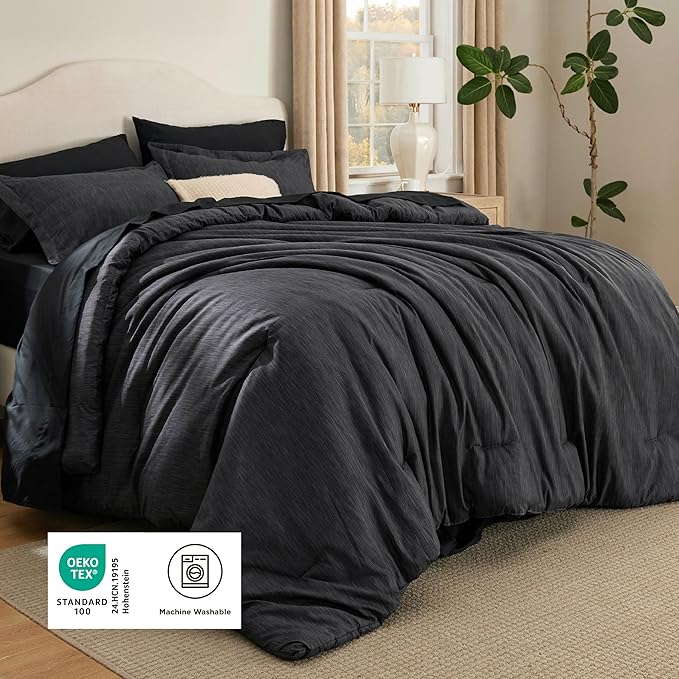 Bedsure Full Comforter Set Black - Bed in a Bag Full Size Bedding 7 Pieces, Cationic Dyed Bed Set Gift for Family, Black Soft Bedding for All Seasons Comforter with Sheets, Pillowcases & Shams