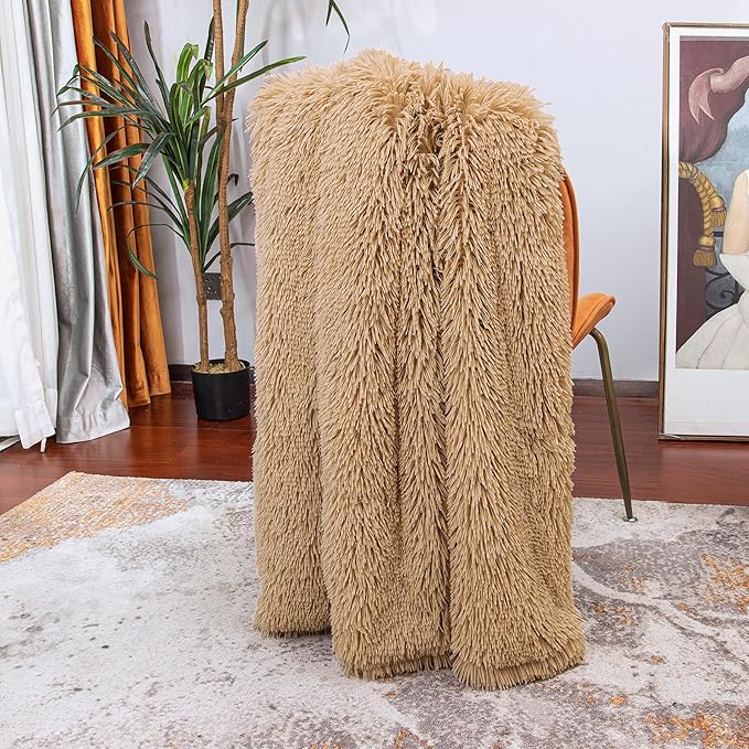 Tuddrom Decorative Extra Soft Faux Fur Throw Blanket 50" x 60",Solid Reversible Fuzzy Long Hair Shaggy Blanket,Fluffy Cozy Plush Fleece Comfy Microfiber Fur Blanket for Couch Sofa Bed,Camel