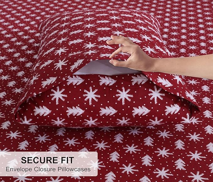 RUVANTI Flannel Sheets Full Size - 100% Cotton Double Brushed Bed Sheets Set, Deep Pockets 16 Inches, All Seasons Breathable & Extra Soft Full Sheets, Warm & Cozy, 4 Piece, Red Christmas