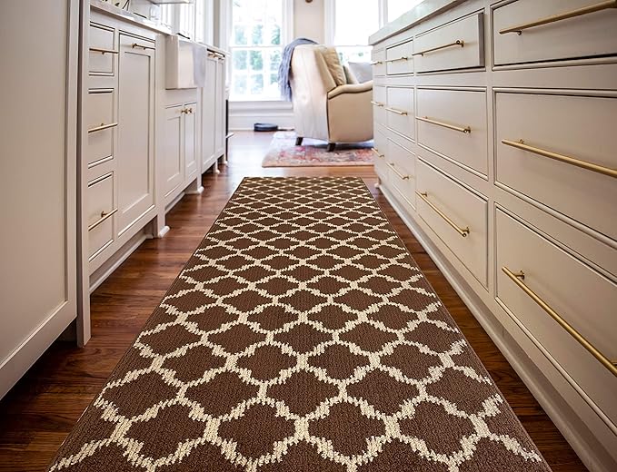 Custom Size Cut to Length Moroccan Trellis Design Runner Rug Mat For Wide Long Hallways with Non-Slip Rubber Backing, Better Traction for Pets, Prevent Slippage, Trellis Brown, 31 inch X 16 feet