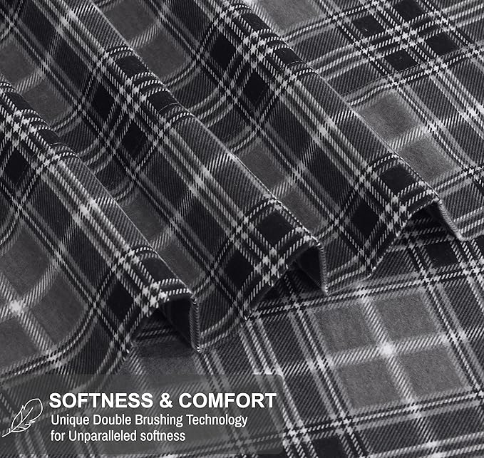 RUVANTI Flannel Sheets Full Size - 100% Cotton Double Brushed Bed Sheets Set, Deep Pockets 16 Inches, All Seasons Breathable & Extra Soft Full Sheets, Warm & Cozy, 4 Piece, Grey Plaid