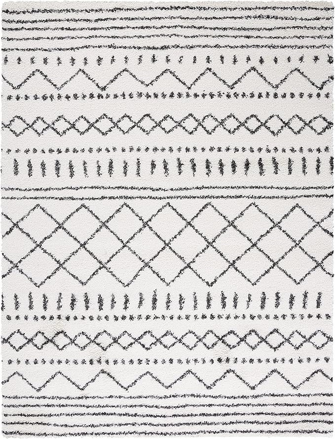 SAFAVIEH Arizona Shag Collection Area Rug - 9' x 12', Ivory & Black, Moroccan Design, Non-Shedding & Easy Care, 1.6-inch Thick Ideal for High Traffic Areas in Living Room, Bedroom (ASG741Z)
