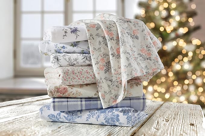 Laura Ashley - Flannel Sheets Queen Size, Anti-Pilling & Wrinkle Resistant Cotton, Touchably Soft for All-Season Comfort - Bed Sheets with Matching Pillowcases & Fitted Sheet (Rosalie Grey)