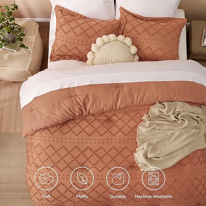 Bedsure Queen Comforter Set - Pumpkin Comforter, Boho Tufted Shabby Chic Bedding for Kids, 3 Pieces Vintage Farmhouse Bed Set for All Seasons, Fluffy Soft Bedding with 2 Pillow Shams