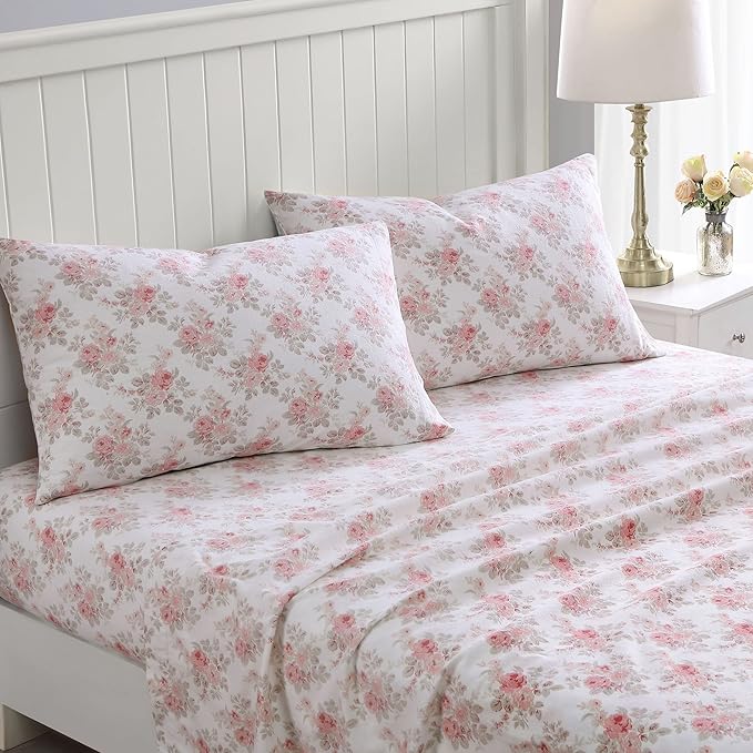 Laura Ashley - Flannel Sheets Queen Size, Anti-Pilling & Wrinkle Resistant Cotton, Touchably Soft for All-Season Comfort - Bed Sheets with Matching Pillowcases & Fitted Sheet (Lisalee Pink)