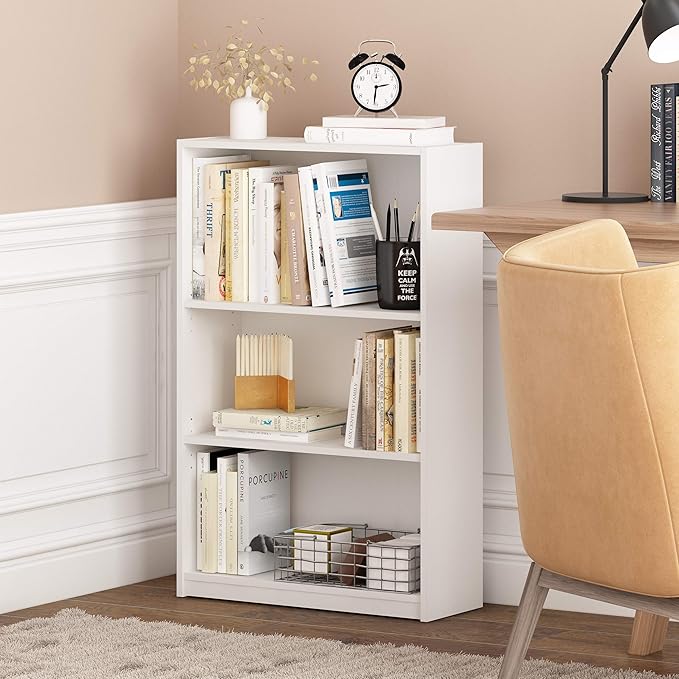 Furinno JAYA Book Shelf, 3-Tier Bookshelf, Bookcase with Adjustable Shelves, 9.5 x 24.5 x 40.3, for Living Room, Bedroom, Home Office, White