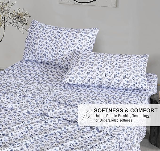 RUVANTI Flannel Sheets Twin Size - 100% Cotton Double Brushed Twin Sheets Set, Deep Pockets 16 Inches, All Seasons Breathable & Extra Soft Bed Sheets, Warm & Cozy, 3 Piece, Snow Flake Grey