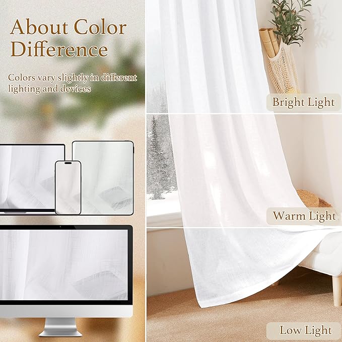 RYB HOME Kitchen Curtains 36 inch Length, White Semi Sheer Window Drapes Short Curtains for Farmhouse Cafe RV Bathroom Small Window, W 52 x L 36, White, Set of 2