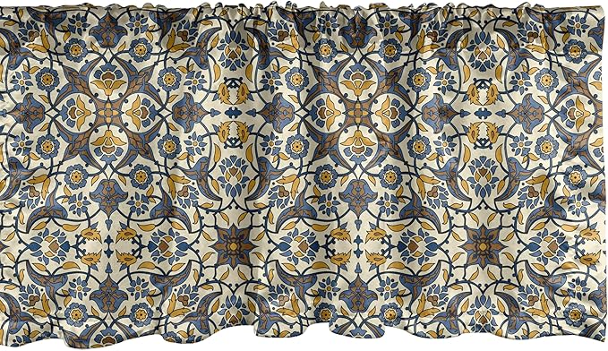 Ambesonne Turkish Pattern Window Valance, Flowers in and Traditional Style, Curtain Valance for Kitchen Bedroom Decor with Rod Pocket, 54" X 12", Earth Yellow Slate Blue