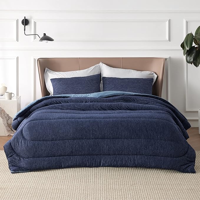 Bedsure California King Comforter Set - Cooling and Warm Bed Set, Navy Blue Reversible Bedding for All Season, 3 Pieces, 1 California King Size Comforter (104"x96") and 2 Pillow Cases (20"x36")