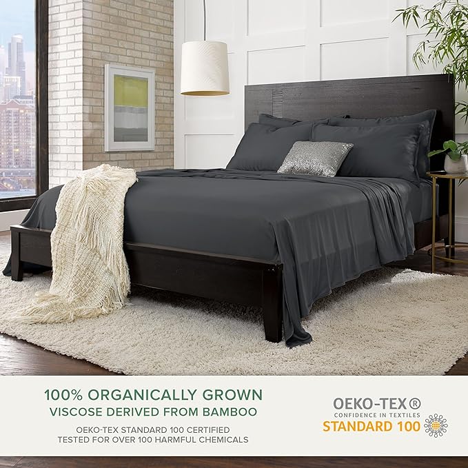 King Sheets by Pure Bamboo, Genuine 100% Organic Viscose Derived from Bamboo Bed Sheet Set, Luxuriously Soft & Cooling, Double Stitching, Lifetime Quality Promise (King, Charcoal)