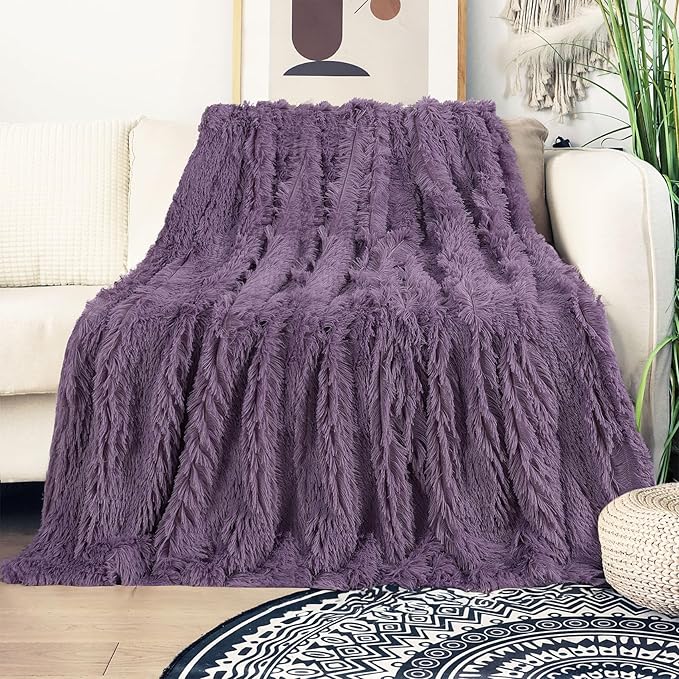Tuddrom Decorative Extra Soft Faux Fur Blanket Twin Size 70" x 78",Solid Reversible Fuzzy Fluffy Plush Fleece Comfy Microfiber Blanket for Couch Sofa Bed,Patrican Purple