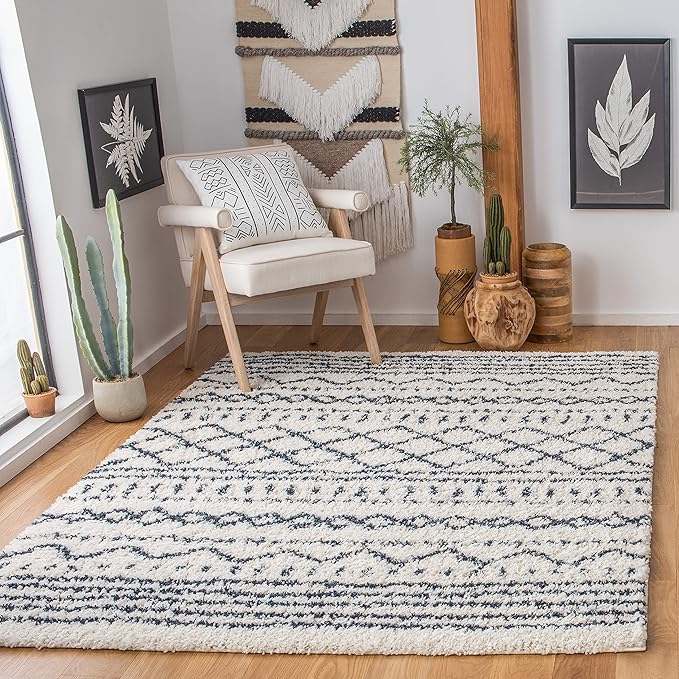 SAFAVIEH Arizona Shag Collection Area Rug - 6'7" x 9'2", Ivory & Slate, Moroccan Design, Non-Shedding & Easy Care, 1.6-inch Thick Ideal for High Traffic Areas in Living Room, Bedroom (ASG741M)